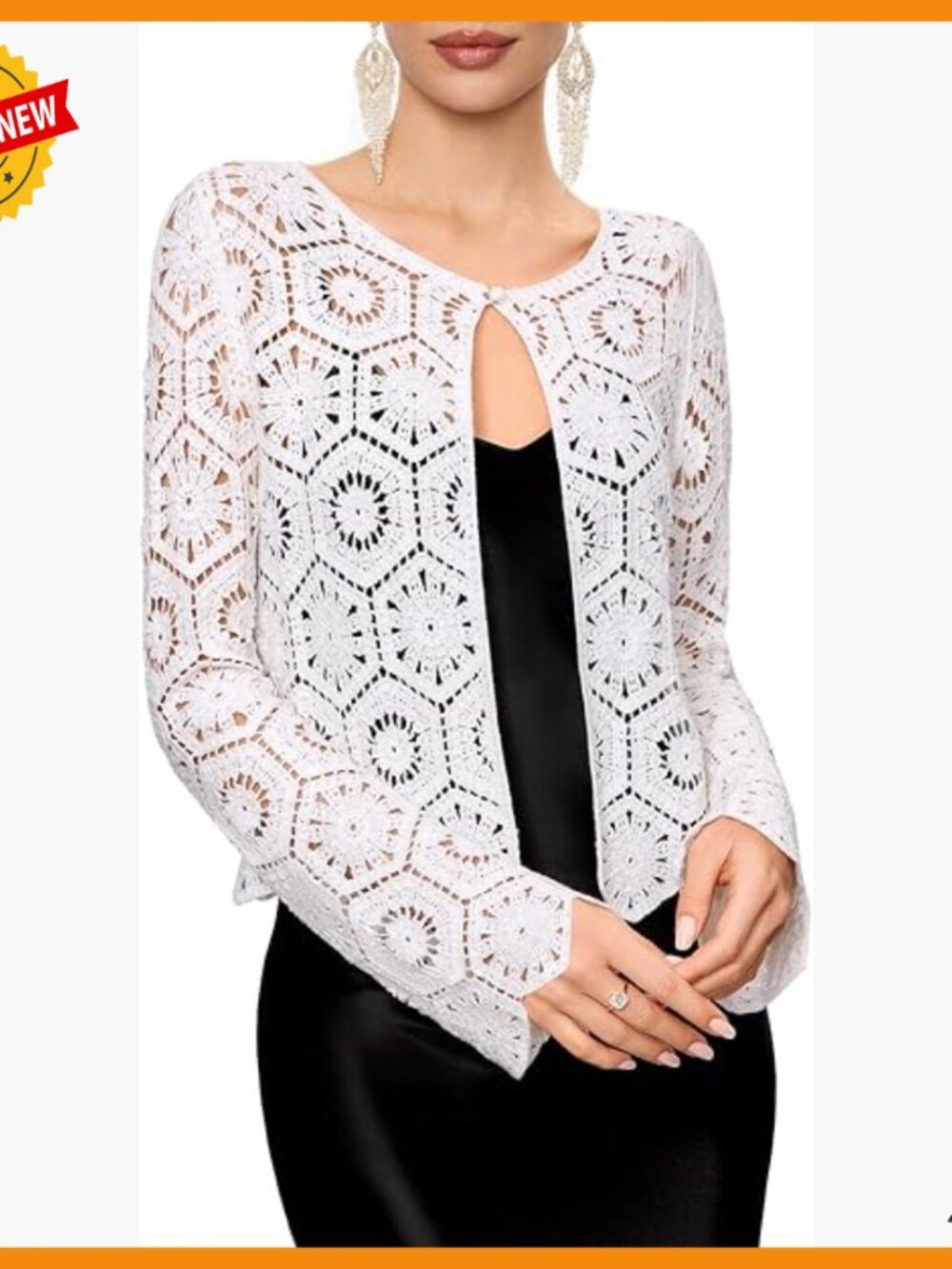Cropped Crochet Cardigan with Gold Thread, Vintage Hollow Out Knit Shrug for